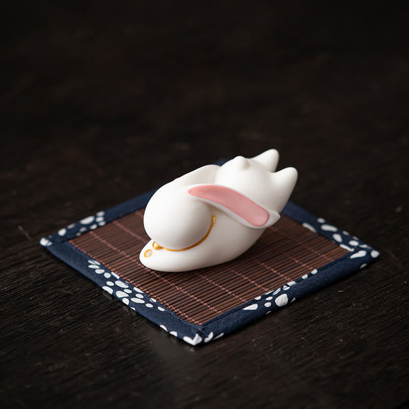 Whimsical Flying Rabbit Ceramic Incense Burner with Bamboo Mat Desk Decoration