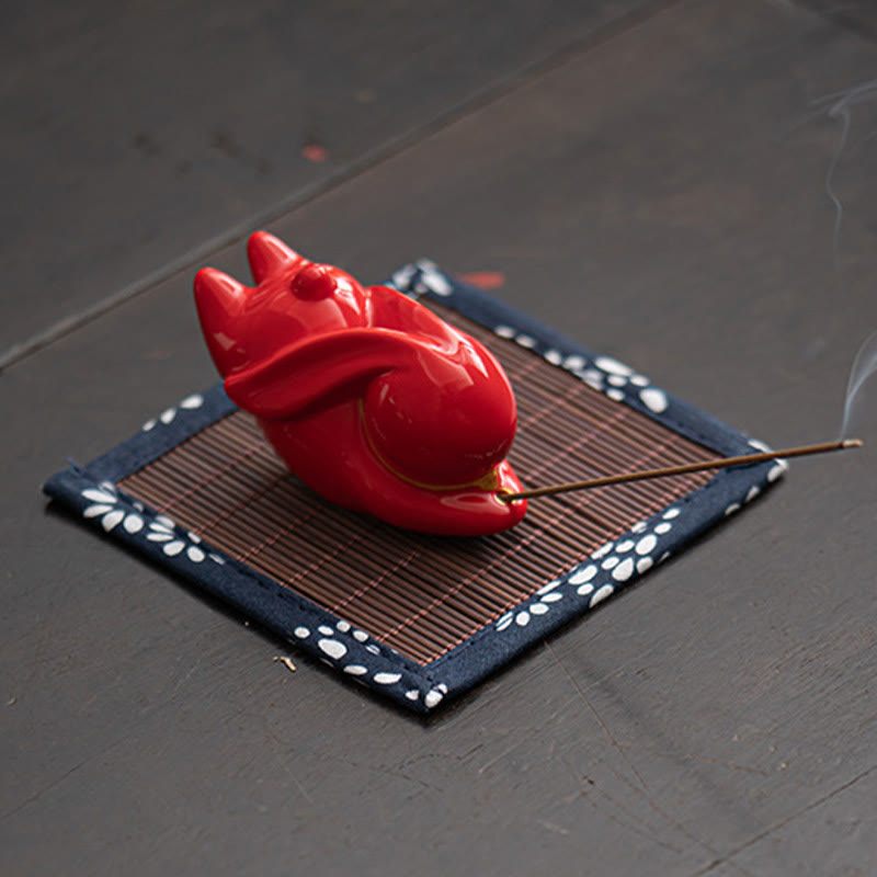 Whimsical Flying Rabbit Ceramic Incense Burner with Bamboo Mat Desk Decoration