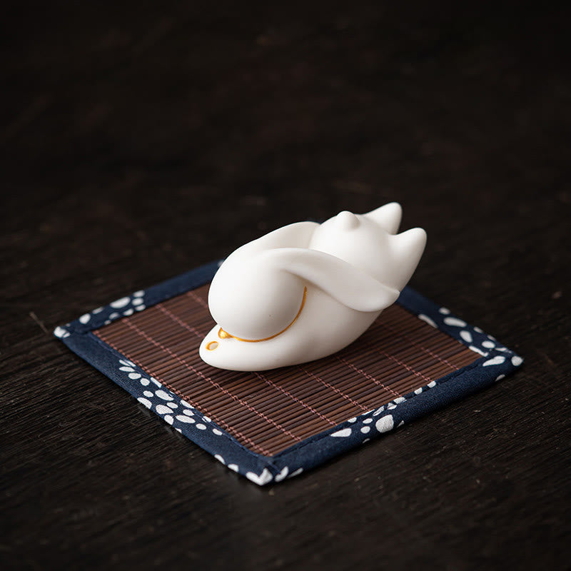 Whimsical Flying Rabbit Ceramic Incense Burner with Bamboo Mat Desk Decoration