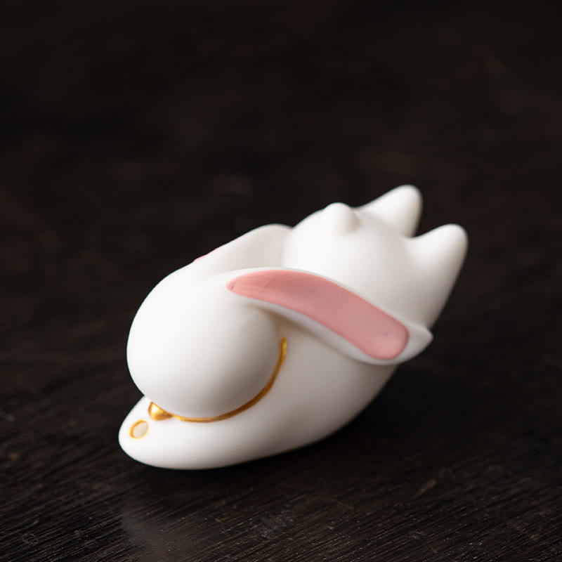 Whimsical Flying Rabbit Ceramic Incense Burner with Bamboo Mat Desk Decoration