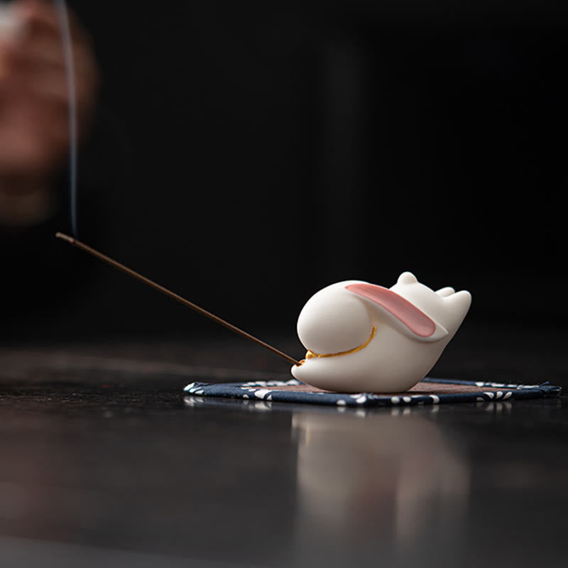 Whimsical Flying Rabbit Ceramic Incense Burner with Bamboo Mat Desk Decoration