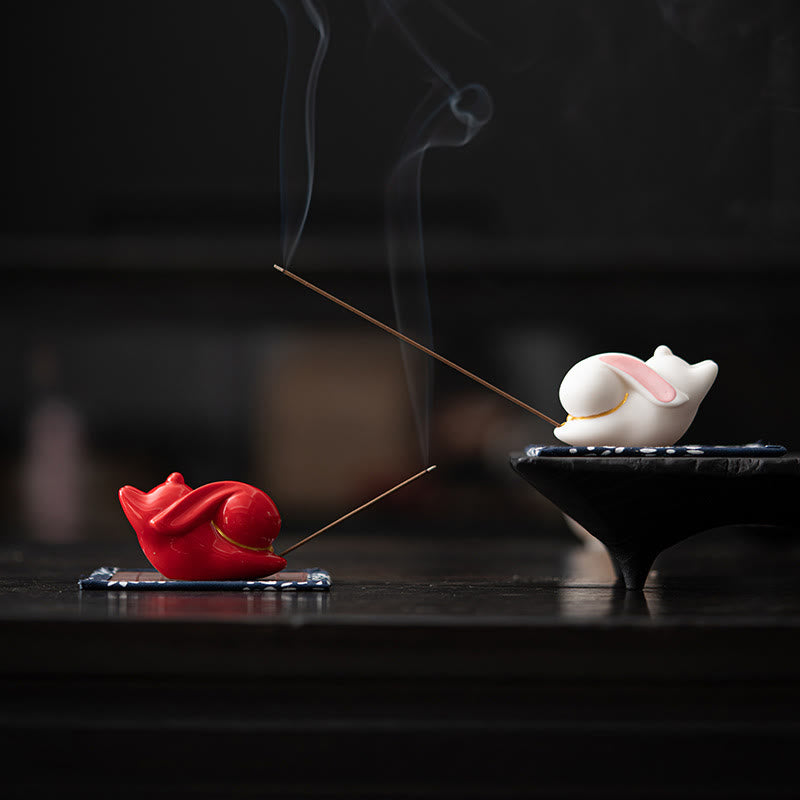Whimsical Flying Rabbit Ceramic Incense Burner with Bamboo Mat Desk Decoration