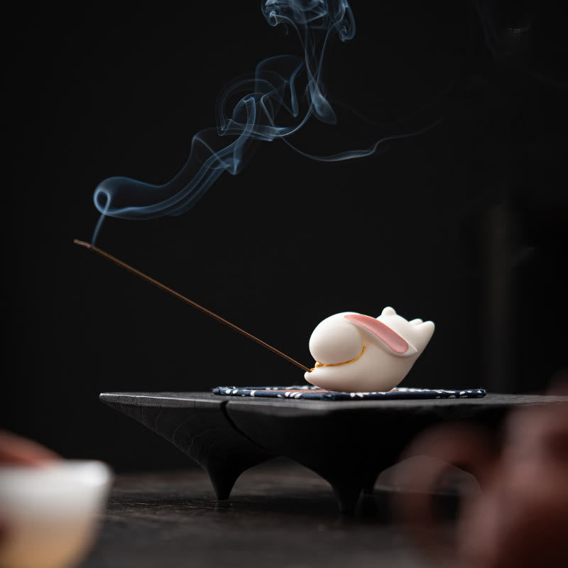 Whimsical Flying Rabbit Ceramic Incense Burner with Bamboo Mat Desk Decoration