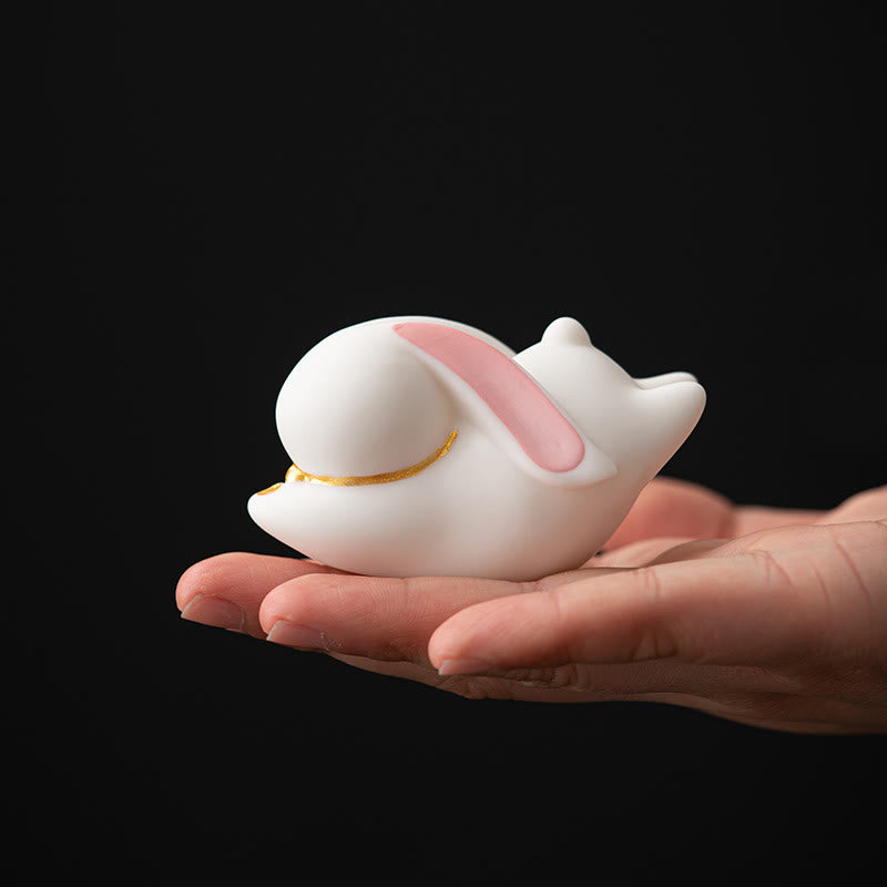 Whimsical Flying Rabbit Ceramic Incense Burner with Bamboo Mat Desk Decoration