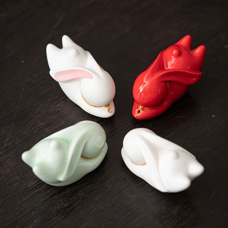 Whimsical Flying Rabbit Ceramic Incense Burner with Bamboo Mat Desk Decoration