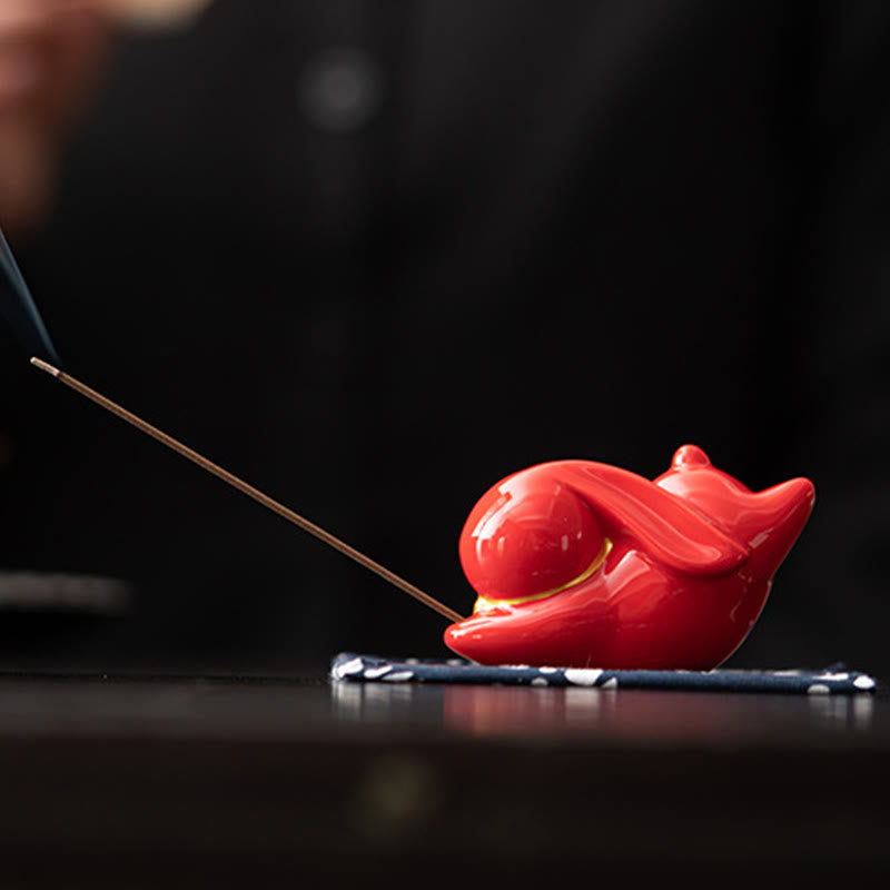 Whimsical Flying Rabbit Ceramic Incense Burner with Bamboo Mat Desk Decoration