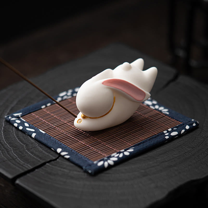 Whimsical Flying Rabbit Ceramic Incense Burner with Bamboo Mat Desk Decoration