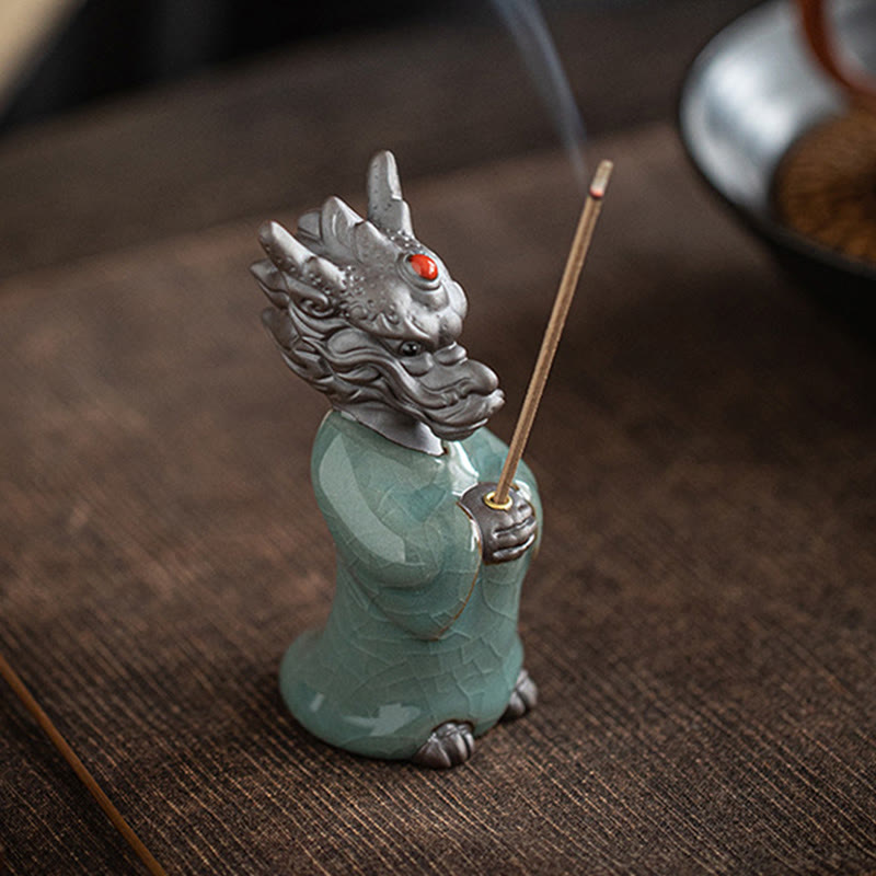 Praying Dragon King Lotus Base Fu Character Ceramic Healing Incense Burner Desk Decoration