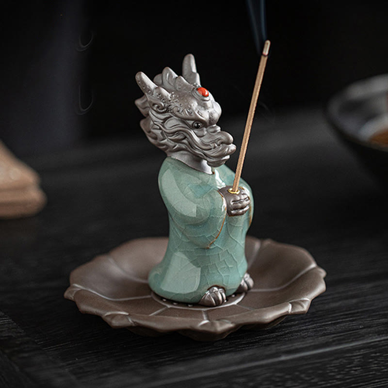 Praying Dragon King Lotus Base Fu Character Ceramic Healing Incense Burner Desk Decoration