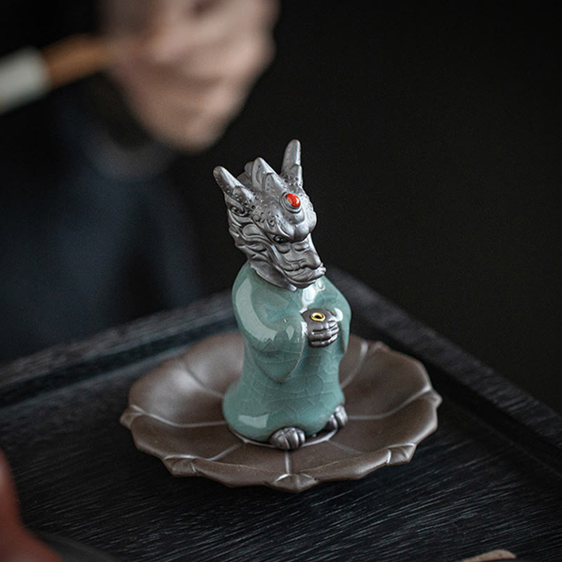 Praying Dragon King Lotus Base Fu Character Ceramic Healing Incense Burner Desk Decoration