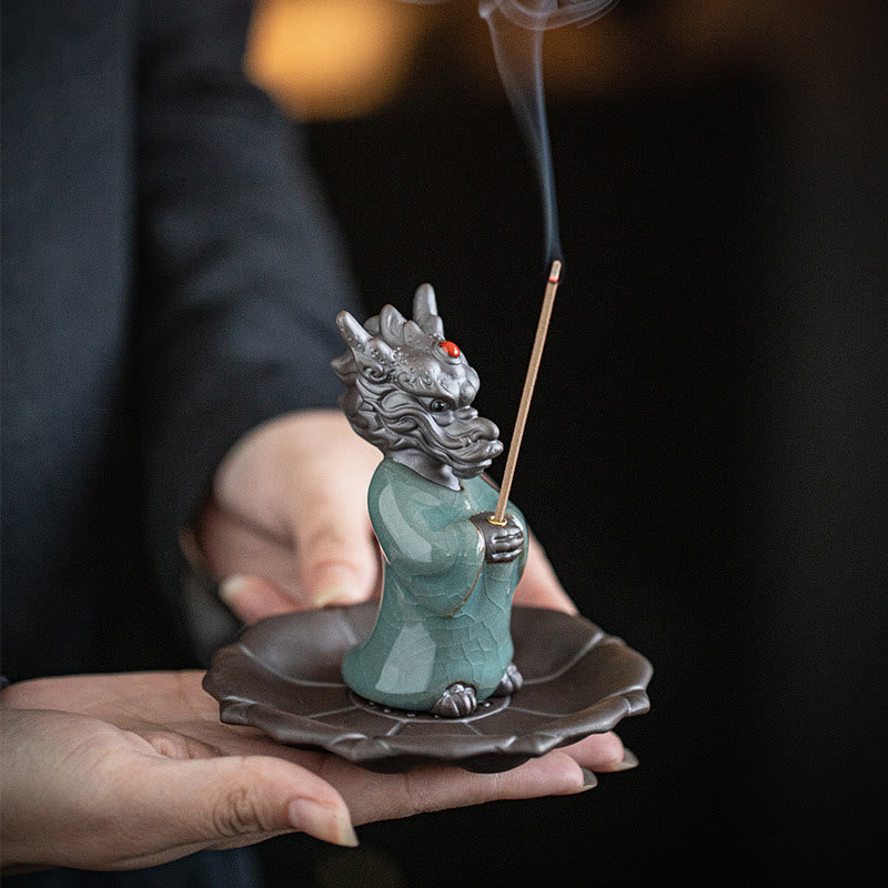 Praying Dragon King Lotus Base Fu Character Ceramic Healing Incense Burner Desk Decoration