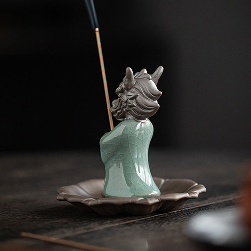 Praying Dragon King Lotus Base Fu Character Ceramic Healing Incense Burner Desk Decoration
