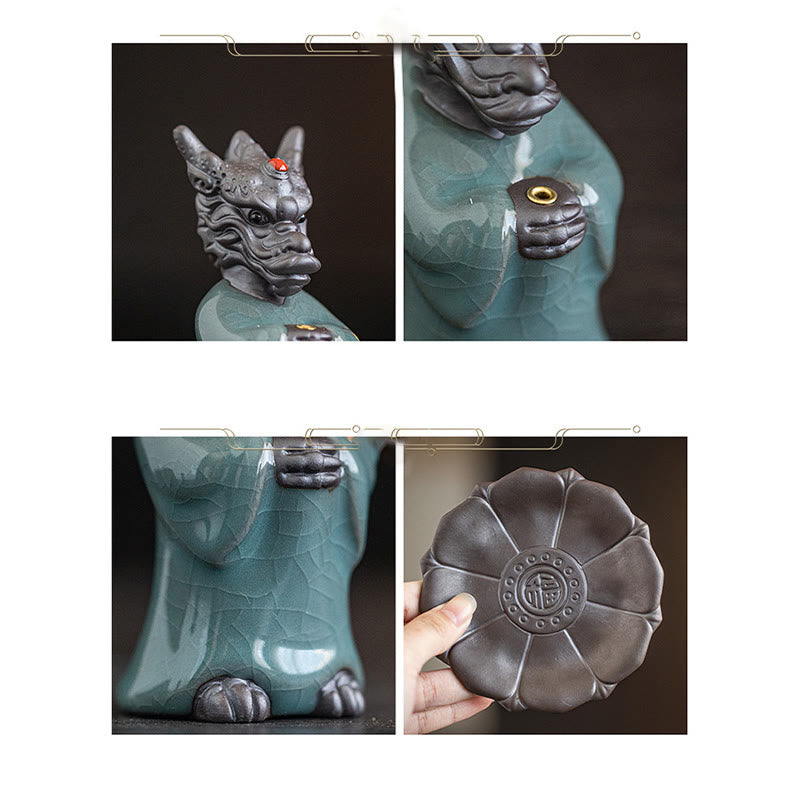 Praying Dragon King Lotus Base Fu Character Ceramic Healing Incense Burner Desk Decoration