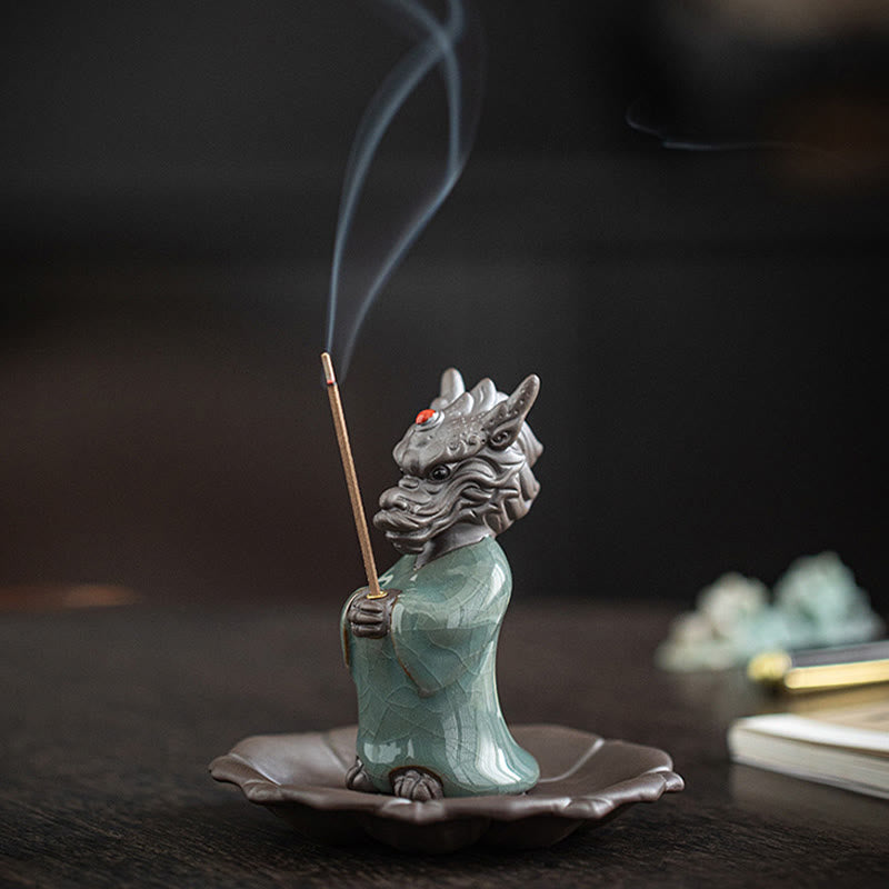Praying Dragon King Lotus Base Fu Character Ceramic Healing Incense Burner Desk Decoration
