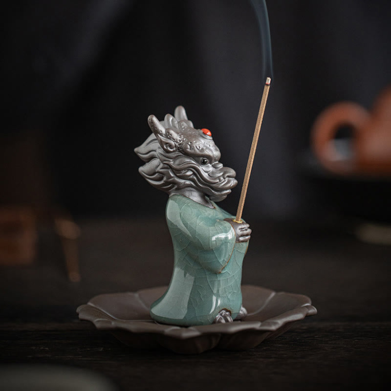 Praying Dragon King Lotus Base Fu Character Ceramic Healing Incense Burner Desk Decoration