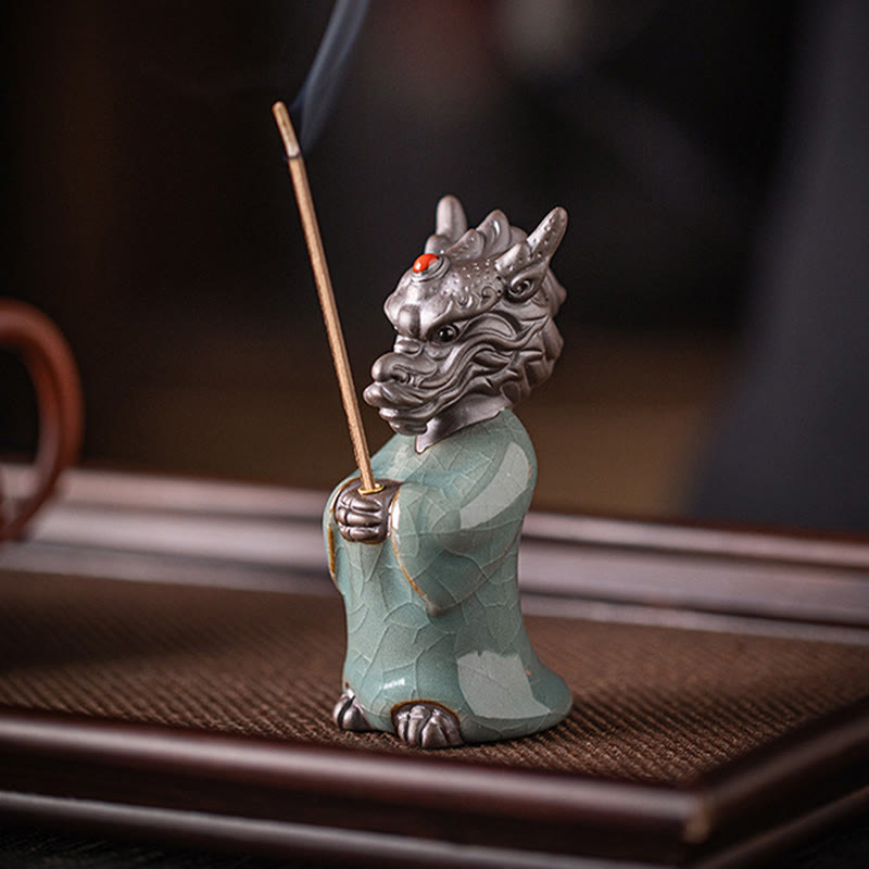 Praying Dragon King Lotus Base Fu Character Ceramic Healing Incense Burner Desk Decoration