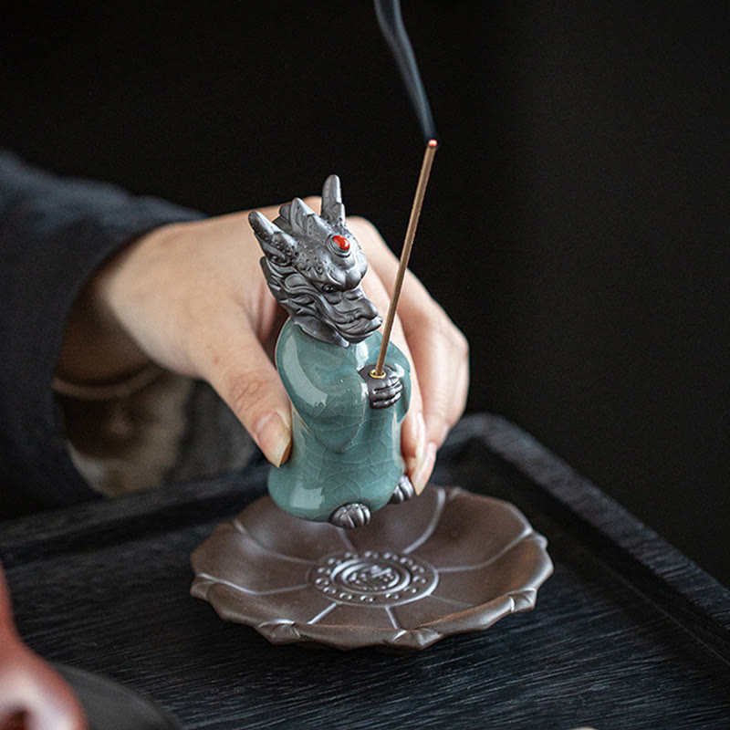 Praying Dragon King Lotus Base Fu Character Ceramic Healing Incense Burner Desk Decoration
