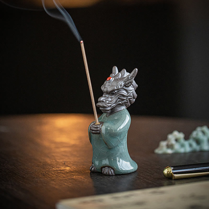 Praying Dragon King Lotus Base Fu Character Ceramic Healing Incense Burner Desk Decoration