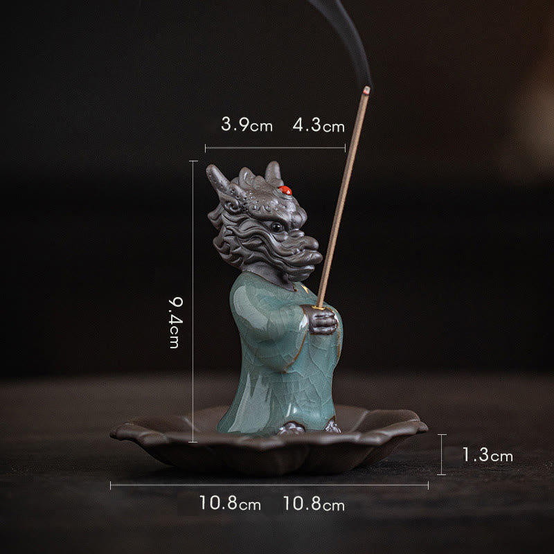 Praying Dragon King Lotus Base Fu Character Ceramic Healing Incense Burner Desk Decoration