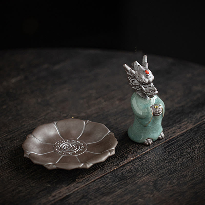 Praying Dragon King Lotus Base Fu Character Ceramic Healing Incense Burner Desk Decoration