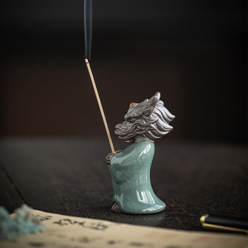 Praying Dragon King Lotus Base Fu Character Ceramic Healing Incense Burner Desk Decoration