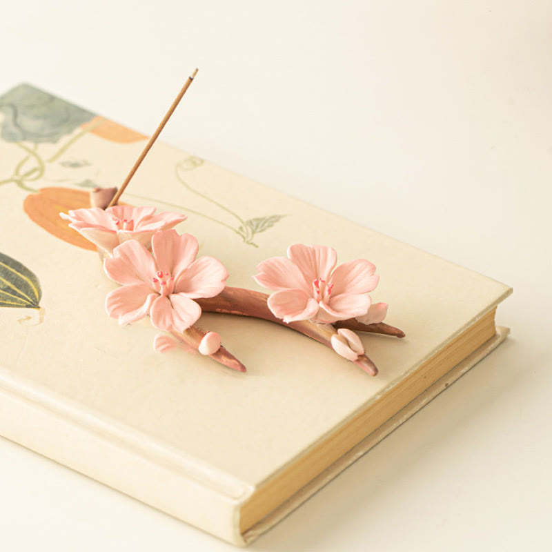 Blooming Plum Blossom Branches Ceramic Healing Incense Burner Desk Decoration