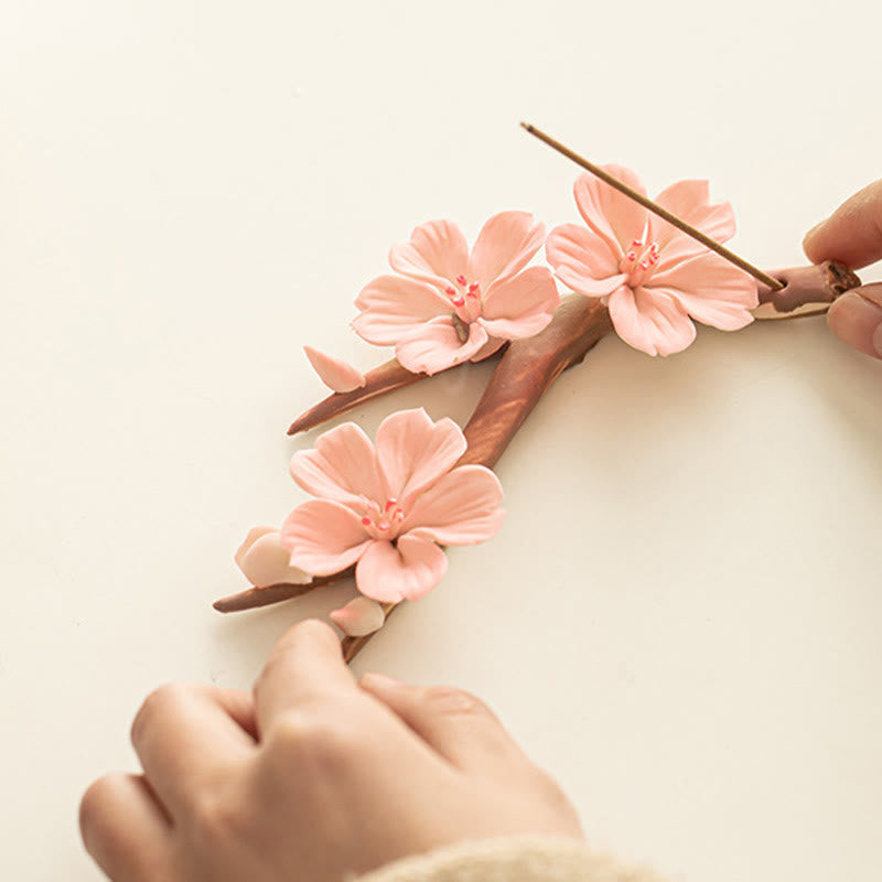 Blooming Plum Blossom Branches Ceramic Healing Incense Burner Desk Decoration