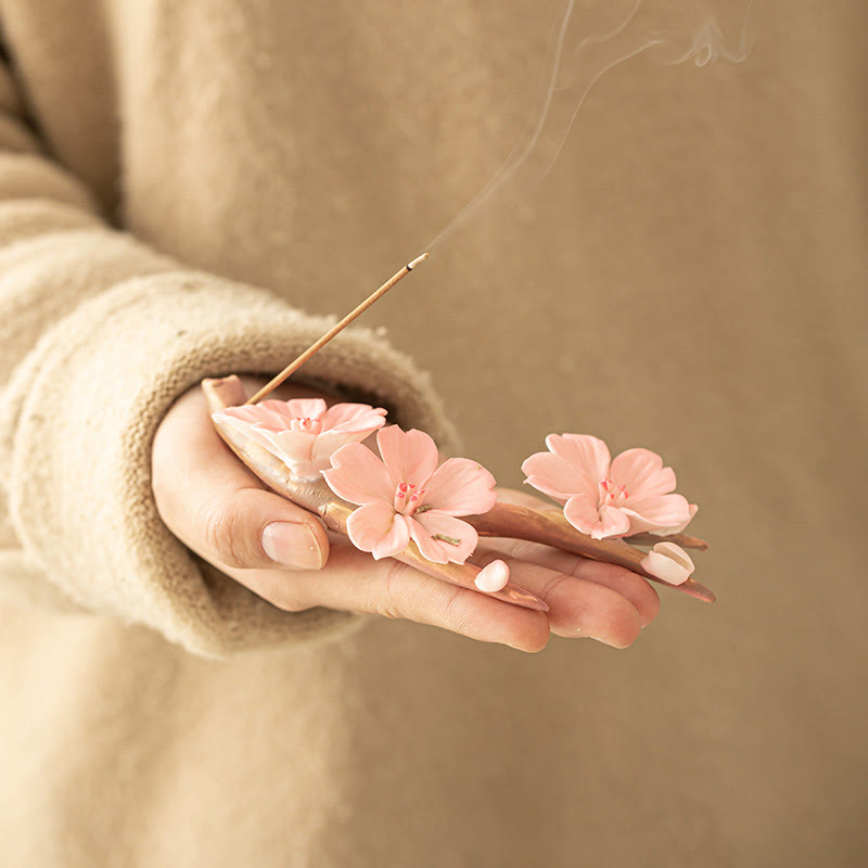 Blooming Plum Blossom Branches Ceramic Healing Incense Burner Desk Decoration