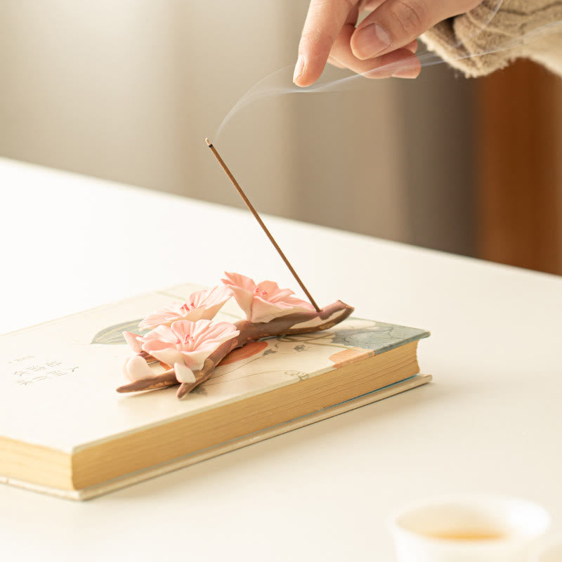 Blooming Plum Blossom Branches Ceramic Healing Incense Burner Desk Decoration