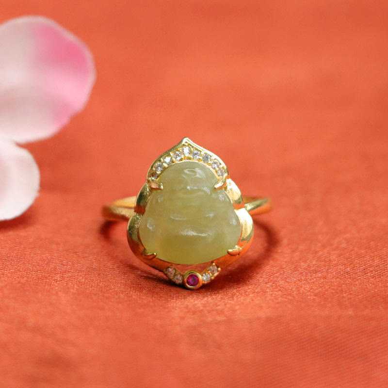 Natural Hetian Jade Egg Gourd Copper Laughing Buddha Open Luck Ring