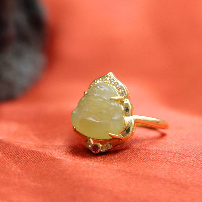 Natural Hetian Jade Egg Gourd Copper Laughing Buddha Open Luck Ring