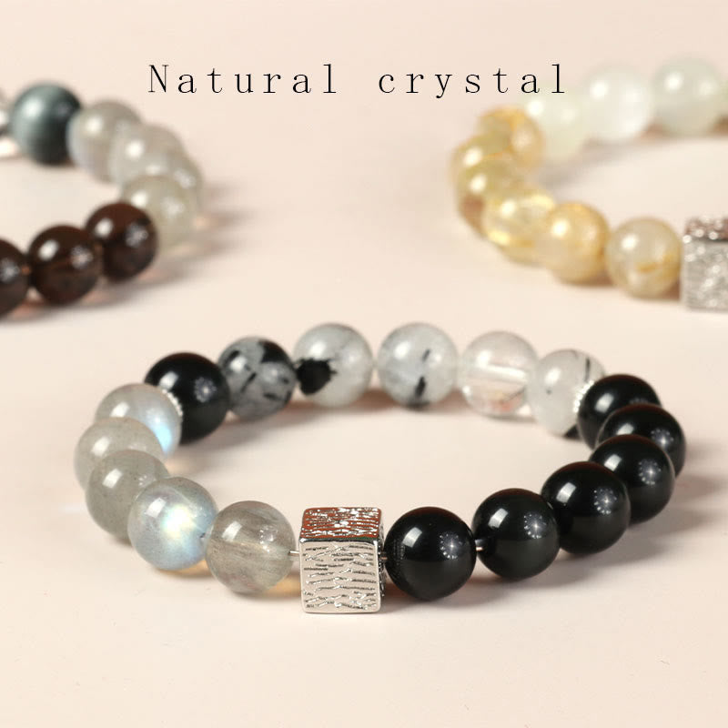 Black Obsidian Black Rutilated Quartz Moonstone Cube Strength Bracelet
