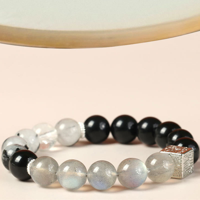 Black Obsidian Black Rutilated Quartz Moonstone Cube Strength Bracelet