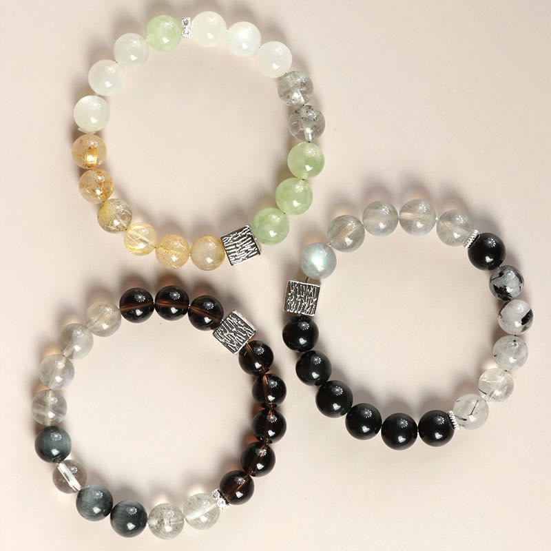 Black Obsidian Black Rutilated Quartz Moonstone Cube Strength Bracelet