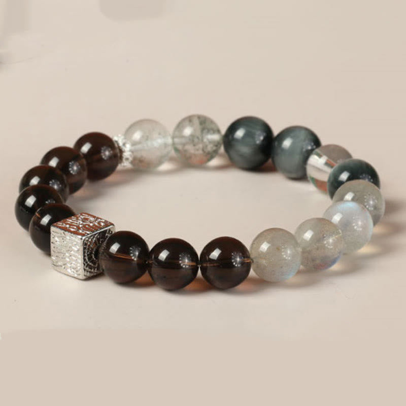 Black Obsidian Black Rutilated Quartz Moonstone Cube Strength Bracelet