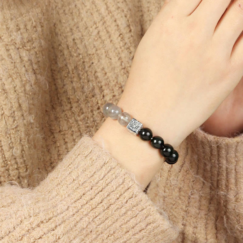 Black Obsidian Black Rutilated Quartz Moonstone Cube Strength Bracelet