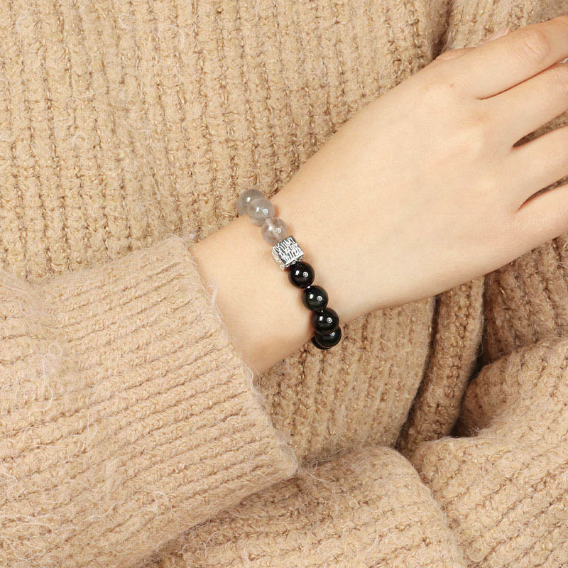 Black Obsidian Black Rutilated Quartz Moonstone Cube Strength Bracelet