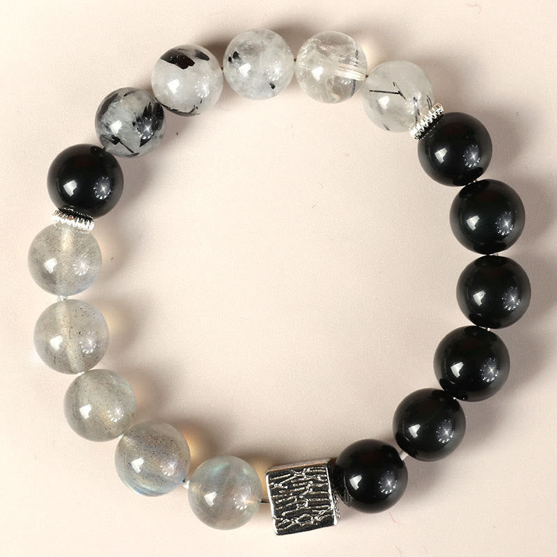 Black Obsidian Black Rutilated Quartz Moonstone Cube Strength Bracelet