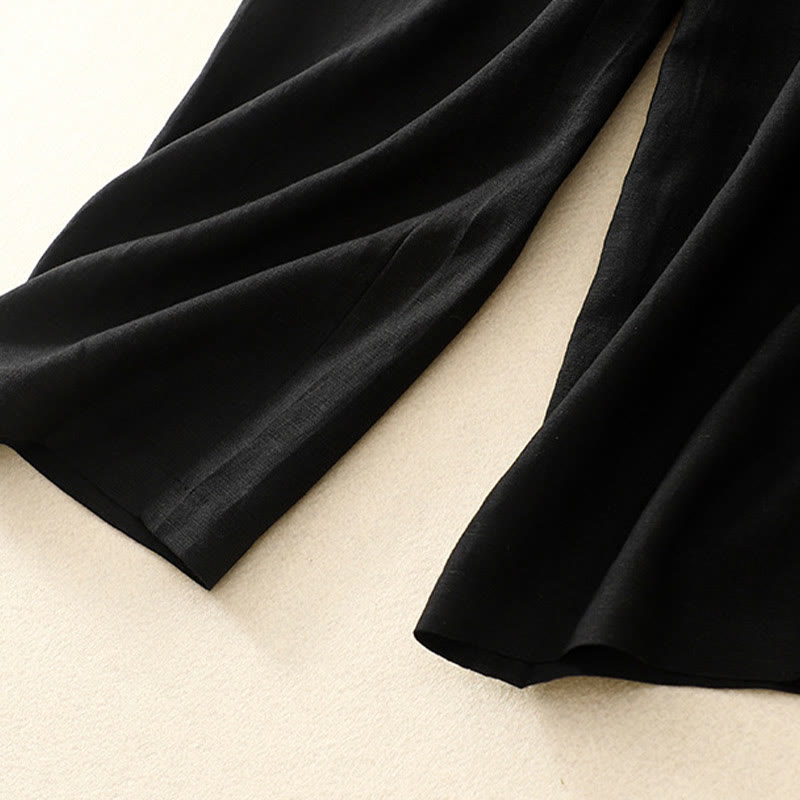 Solid Color Front Button Back Elastic Cotton Linen Women's Pants With Pockets