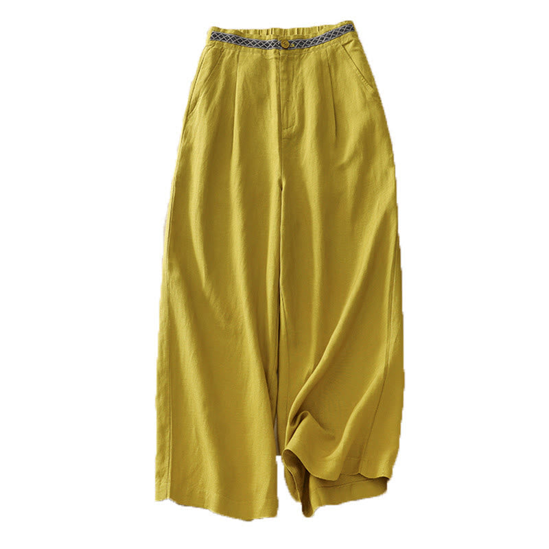 Solid Color Front Button Back Elastic Cotton Linen Women's Pants With Pockets