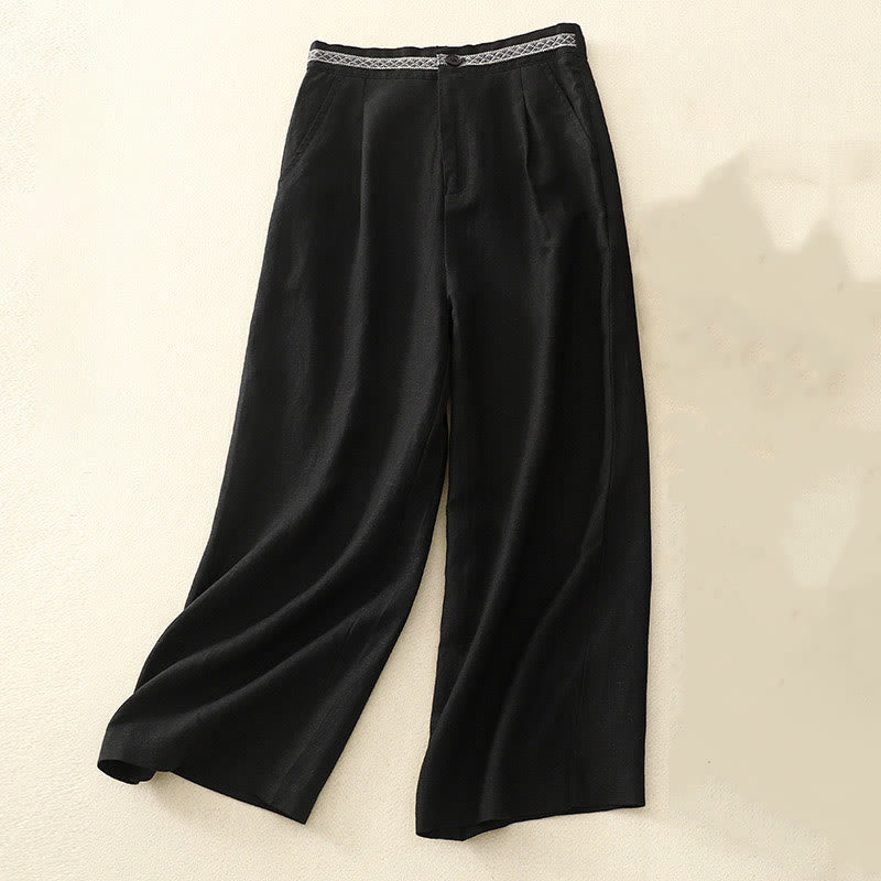 Solid Color Front Button Back Elastic Cotton Linen Women's Pants With Pockets