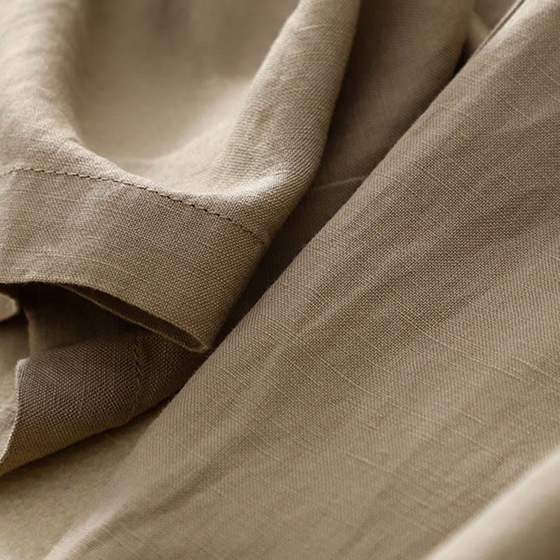 Solid Color Front Button Back Elastic Cotton Linen Women's Pants With Pockets