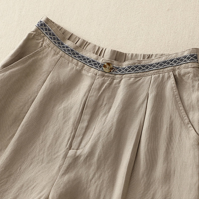 Solid Color Front Button Back Elastic Cotton Linen Women's Pants With Pockets