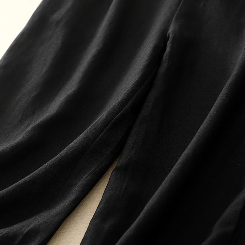 Solid Color Front Button Back Elastic Cotton Linen Women's Pants With Pockets