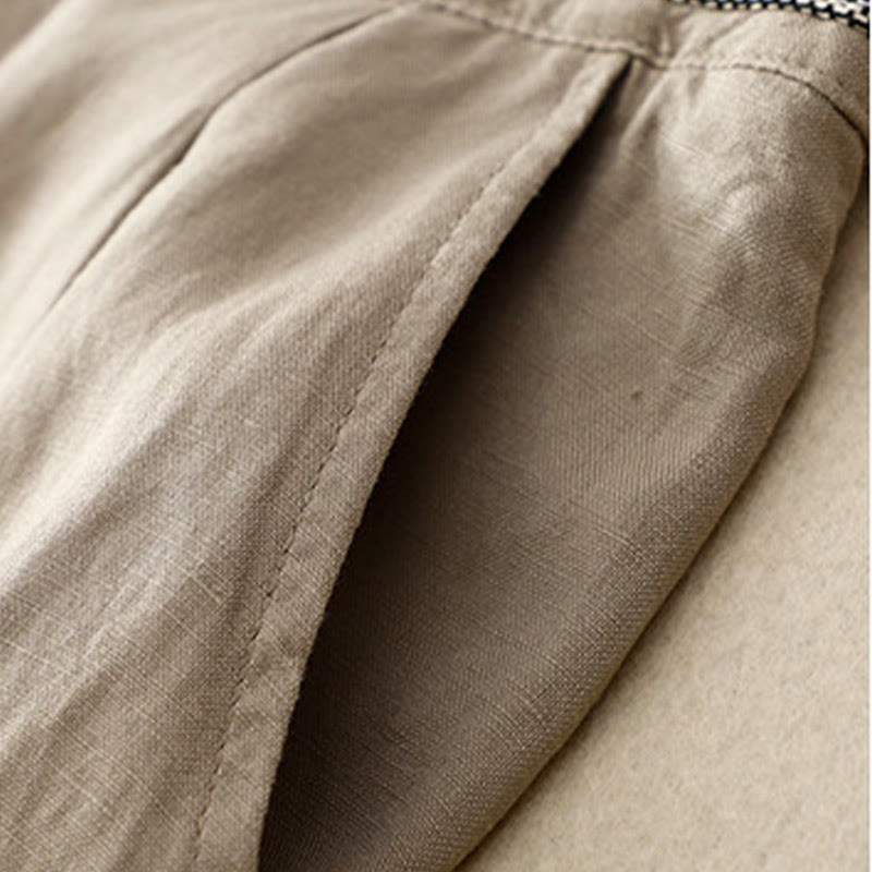 Solid Color Front Button Back Elastic Cotton Linen Women's Pants With Pockets