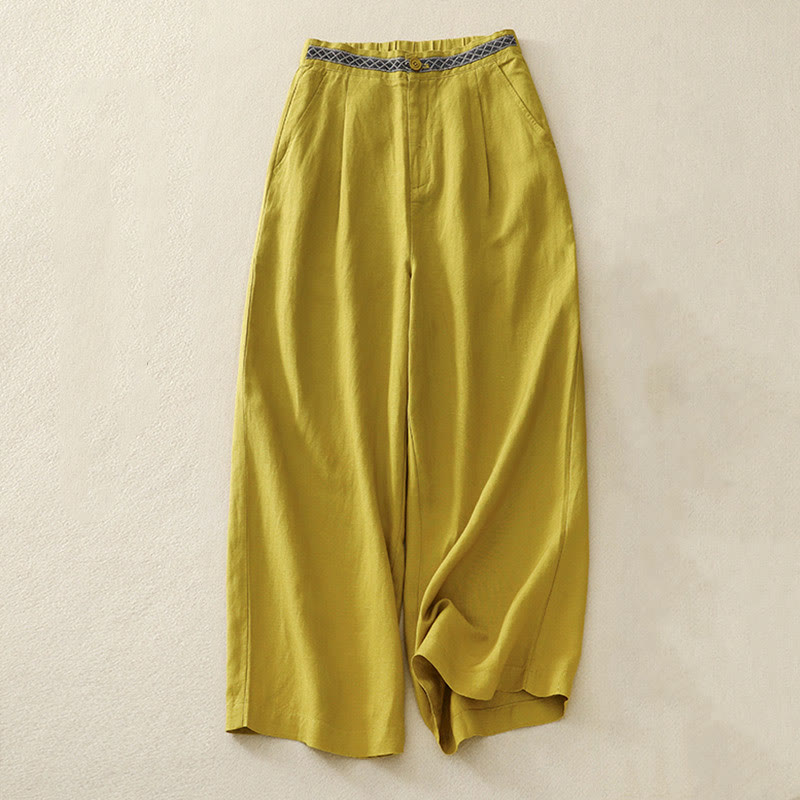 Solid Color Front Button Back Elastic Cotton Linen Women's Pants With Pockets