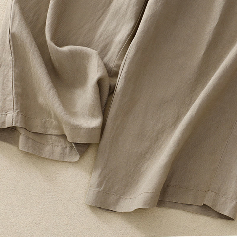 Solid Color Front Button Back Elastic Cotton Linen Women's Pants With Pockets