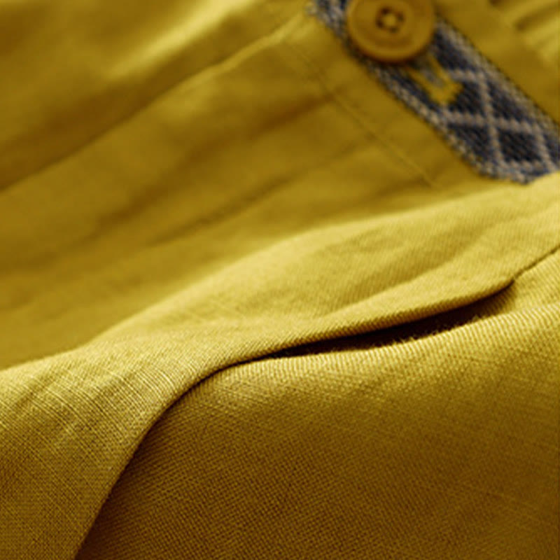 Solid Color Front Button Back Elastic Cotton Linen Women's Pants With Pockets
