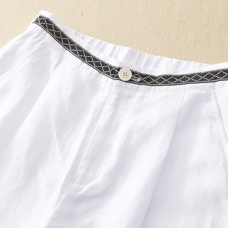 Solid Color Front Button Back Elastic Cotton Linen Women's Pants With Pockets