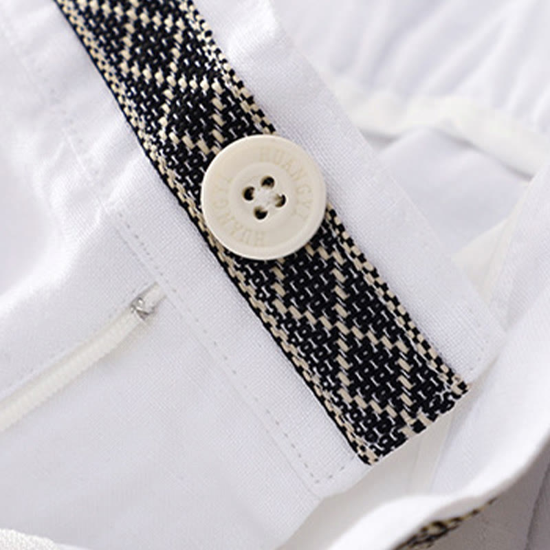 Solid Color Front Button Back Elastic Cotton Linen Women's Pants With Pockets